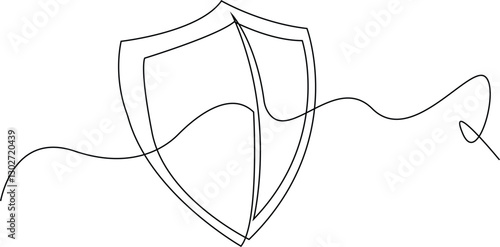 Continuous single one line drawing art of Shield protection. Vector illustration of business guard defense and data safety or health care.