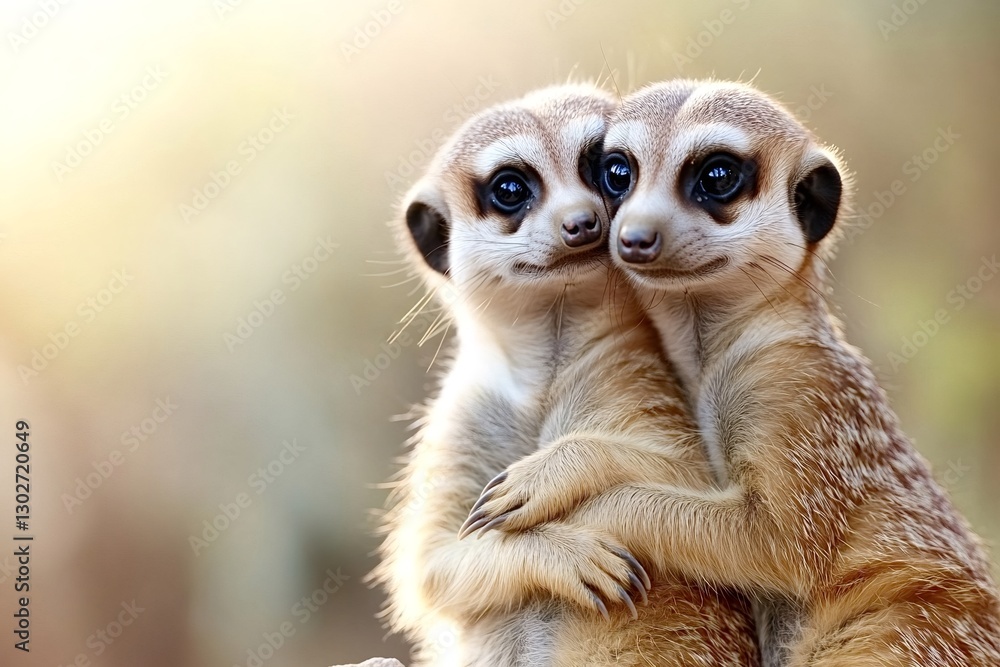 Fototapeta premium Two meerkats embracing in the warm sunlight, sharing a tender moment of affection and closeness while enjoying their natural habitat filled with warmth and companionship