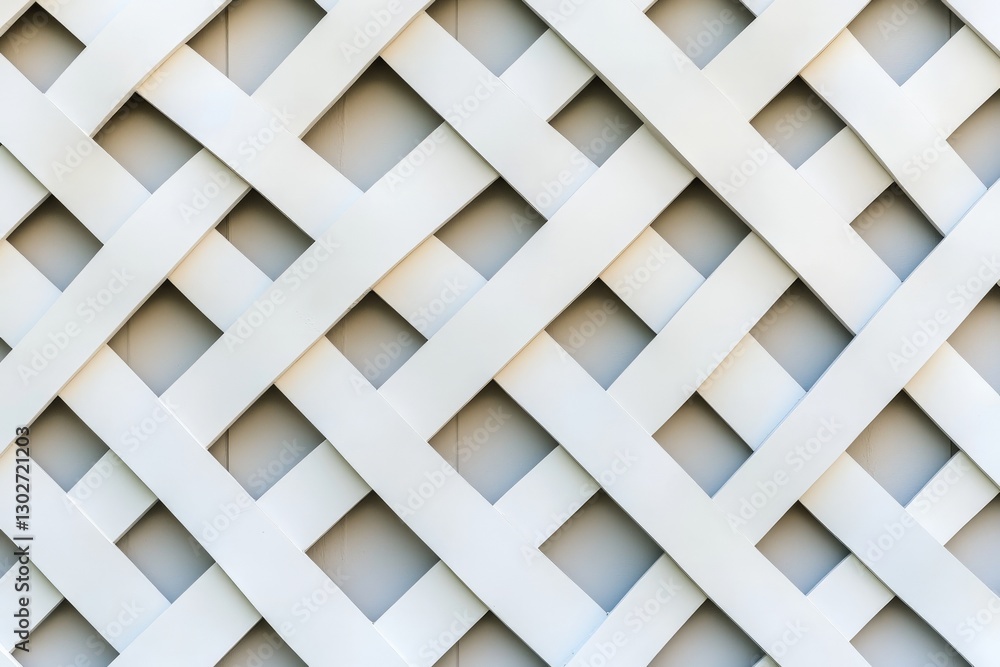 White wooden lattice fence with repeating geometric pattern creating a symmetrical and decorative design for outdoor privacy and garden aesthetics White wooden lattice fence with repeating geometric pattern creating a symmetrical and decorative design for outdoor privacy and garden aesthetics