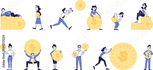 Set of people with big coins: money, savings, investments, and financial success.