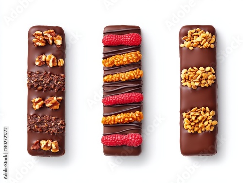 Two chocolate protein bars with nuts and caramel drizzles arranged on a white background showcasing a nutritious and high energy snack for fitness and healthy lifestyle photo