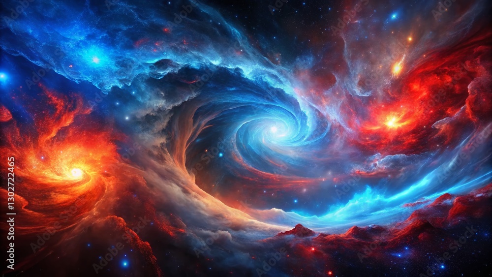 Panoramic Cosmic Dance: Abstract Red and Blue Nebula Panoramic Cosmic Dance: Abstract Red and Blue Nebula