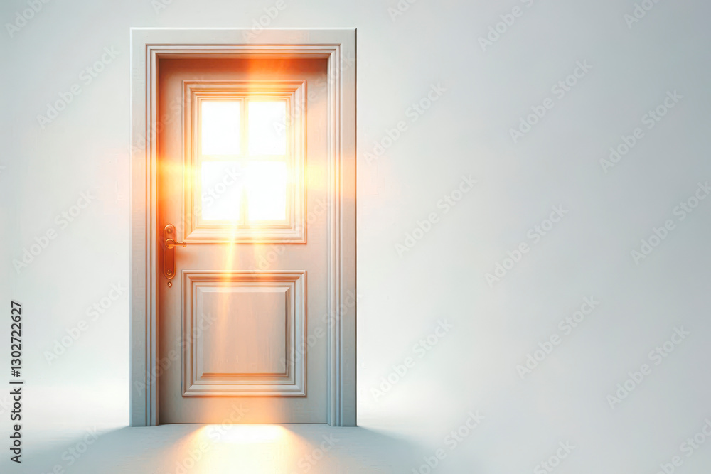 A door with bright light coming through the glass. Space for text. A door with bright light coming through the glass. Space for text.