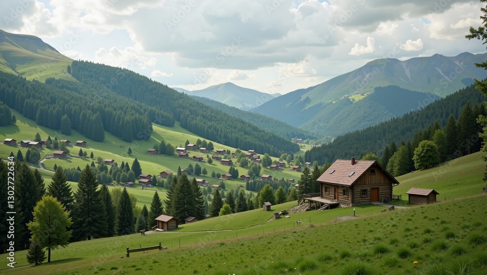 Scenic Kosovar rural landscape showcases lush green hills and charming wooden houses nestled among trees. Concept emphasizes beauty of Kosovar rural landscape and tranquility of nature Scenic Kosovar rural landscape showcases lush green hills and charming wooden houses nestled among trees. Concept emphasizes beauty of Kosovar rural landscape and tranquility of nature