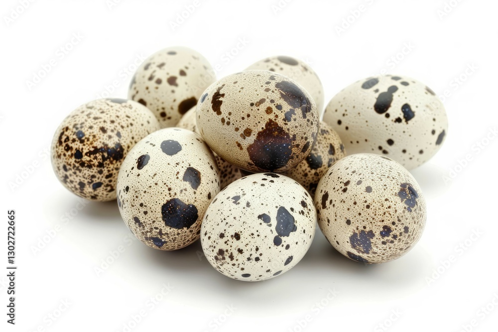 Cluster of speckled quail eggs on white background. Neural network AI generated Cluster of speckled quail eggs on white background. Neural network AI generated