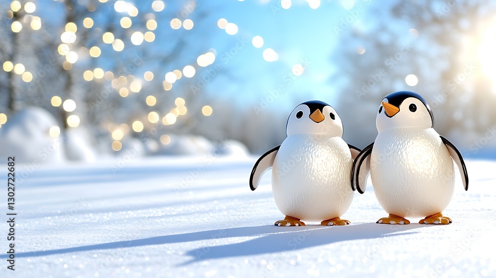 Fototapeta premium Playful penguins snowy landscape digital art winter wonderland close-up joyful companionship