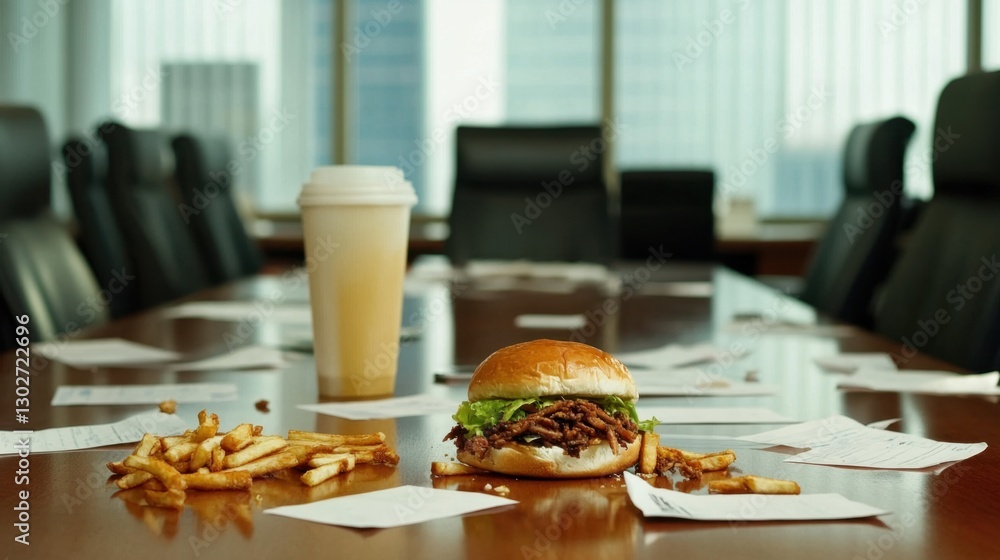 A delicious burger and fries placed on a conference table, with a coffee cup, in a modern office setting A delicious burger and fries placed on a conference table, with a coffee cup, in a modern office setting