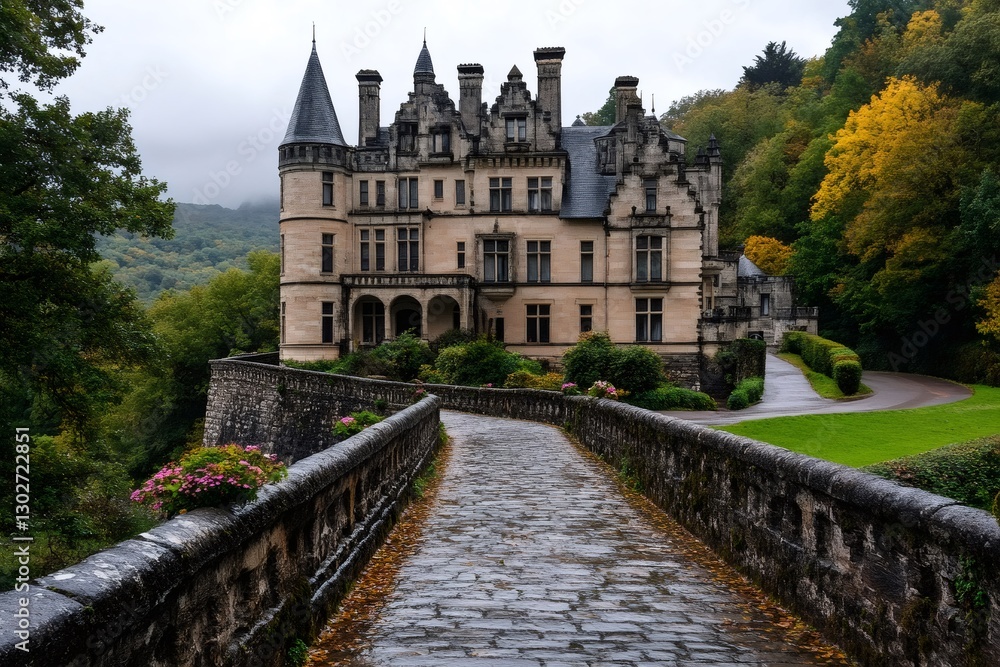 Obraz premium Stone bridge leading to a majestic castle in the french countryside