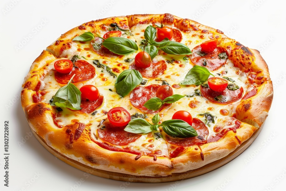 Fresh pepperoni pizza with basil on white background. Neural network AI generated Fresh pepperoni pizza with basil on white background. Neural network AI generated