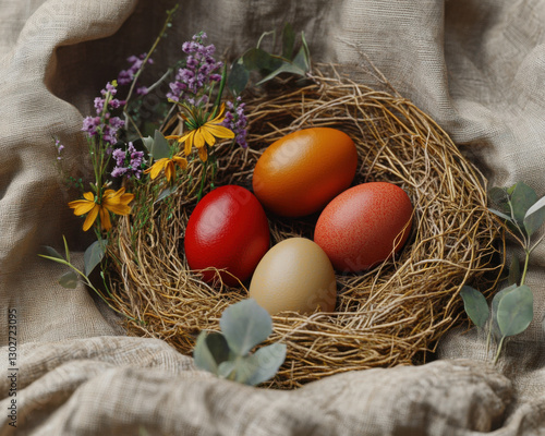 A set of naturally dyed Easter eggs placed in a woven nest of hay, surrounded by eucalyptus leaves and small wildflowers, 