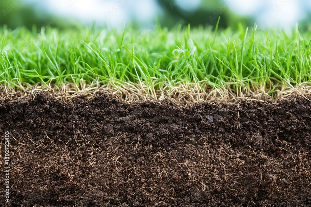 Cross-section of soil showing grass roots and earth layers. Cross-section of soil showing grass roots and earth layers.