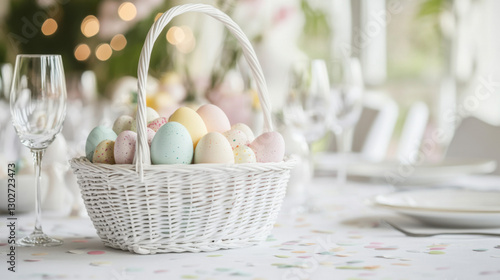 a white woven basket filled with pastel-colored Easter eggs, placed at the center of a beautifully decorated table. The table is set with white plates and sparkling silverware,