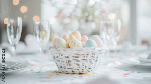 a white woven basket filled with pastel-colored Easter eggs, placed at the center of a beautifully decorated table. The table is set with white plates and sparkling silverware,