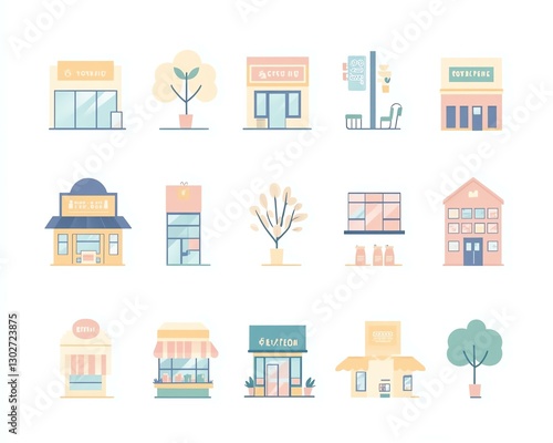 visual business guide, franchise iconography, minimalist branding Colorful illustrated storefronts and landscapes.