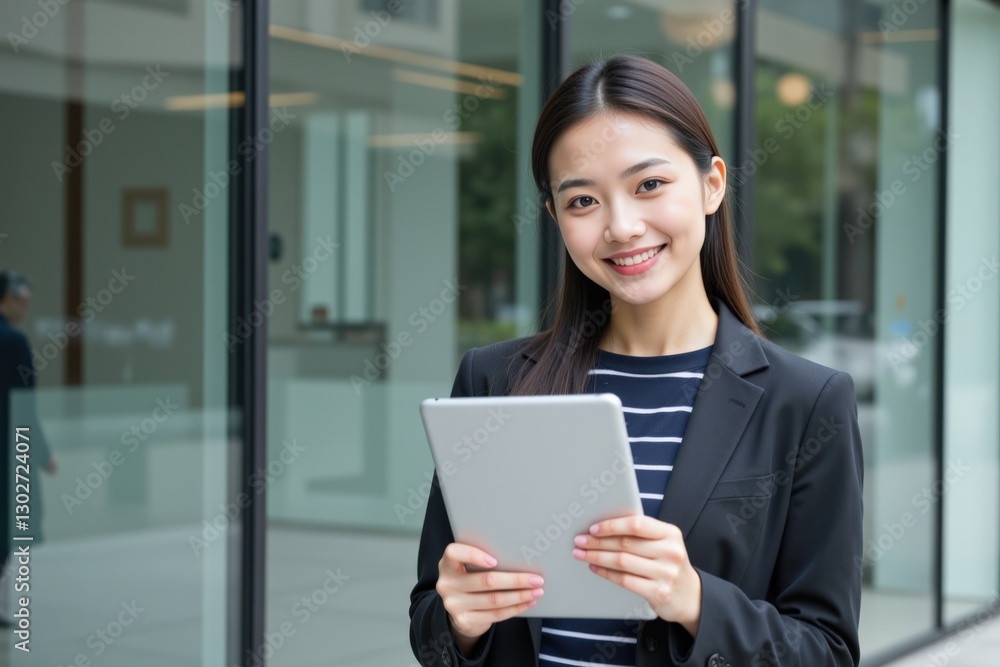 A Smiling Young Asian Woman in Business Attire Holds a Tablet Outside a Modern Glass Building, Radiating Professionalism and Confidence A Smiling Young Asian Woman in Business Attire Holds a Tablet Outside a Modern Glass Building, Radiating Professionalism and Confidence