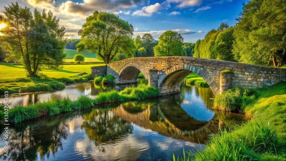 Panoramic Medieval Stone Bridge Idyllic River Green Landscape Stock Photo Panoramic Medieval Stone Bridge Idyllic River Green Landscape Stock Photo