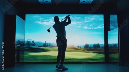 Golfer practicing swing indoor golf simulator
