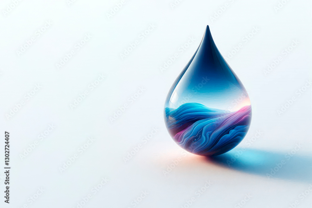 A glass drop with an internal pattern of mountains and sky. Space for text. A glass drop with an internal pattern of mountains and sky. Space for text.