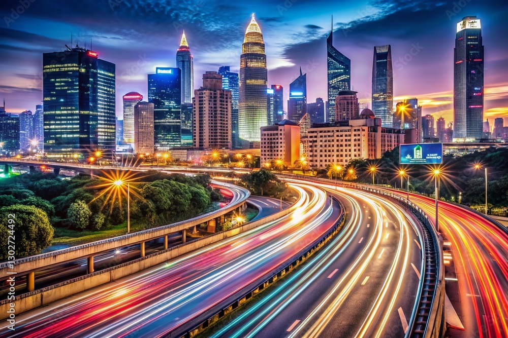 Fototapeta premium Panoramic Night City Traffic, Urban Highway Lights, Busy Street, Cityscape at Night, Nighttime Cityscapes