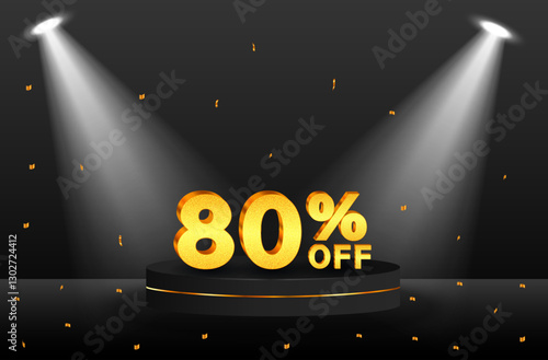 80% discount. Discount on creative composition. podium with golden confetti. Sale banner and poster. Vector illustration.