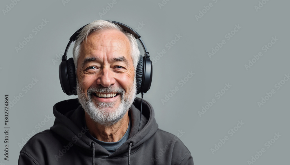 Front view portrait of a smiling elderly senior man in gamer headset and hoody portrait isolated on a solid grey background Front view portrait of a smiling elderly senior man in gamer headset and hoody portrait isolated on a solid grey background