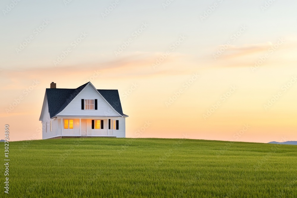 White modern farmhouse in an open green field at sunset symbolizing peaceful rural living sustainable housing and timeless countryside charm White modern farmhouse in an open green field at sunset symbolizing peaceful rural living sustainable housing and timeless countryside charm