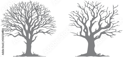 silhouette dead old leafless trees set isolated on white background. scary, spooky, horror, death, winter, pollution, vector