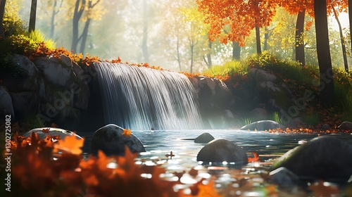 Autumn Waterfall Scene In A Tranquil Forest