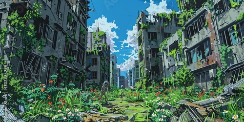 A surreal landscape featuring a zombie apocalypse with a twist: the zombies are depicted as peaceful wanderers in a post-human world, surrounded by overgrown nature reclaiming urban structures