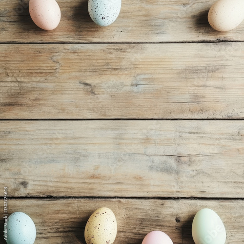 A smooth, rustic wooden flat lay surface with a few blurred pastel Easter eggs in the corners,
