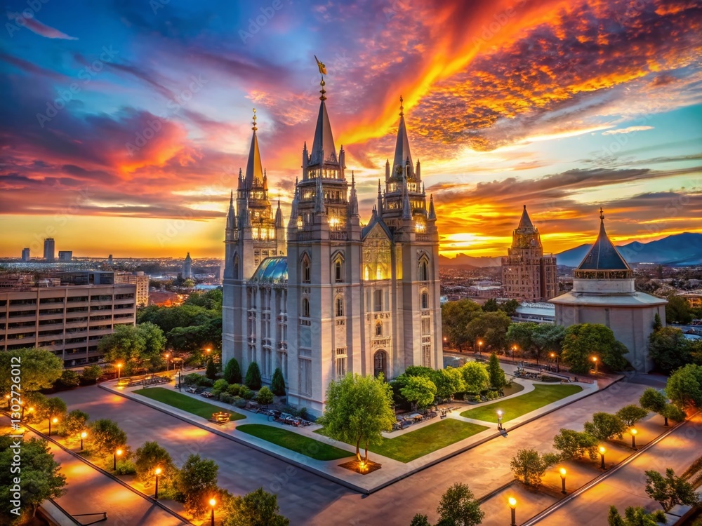 Obraz premium Panoramic Temple Square Sunset - Vibrant Golden Hour Skyline