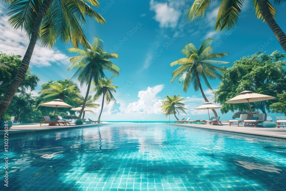 Luxury Swimming Pool in Tropical Resort, Palm Trees and Infinity Pool at Exotic Destination Luxury Swimming Pool in Tropical Resort, Palm Trees and Infinity Pool at Exotic Destination