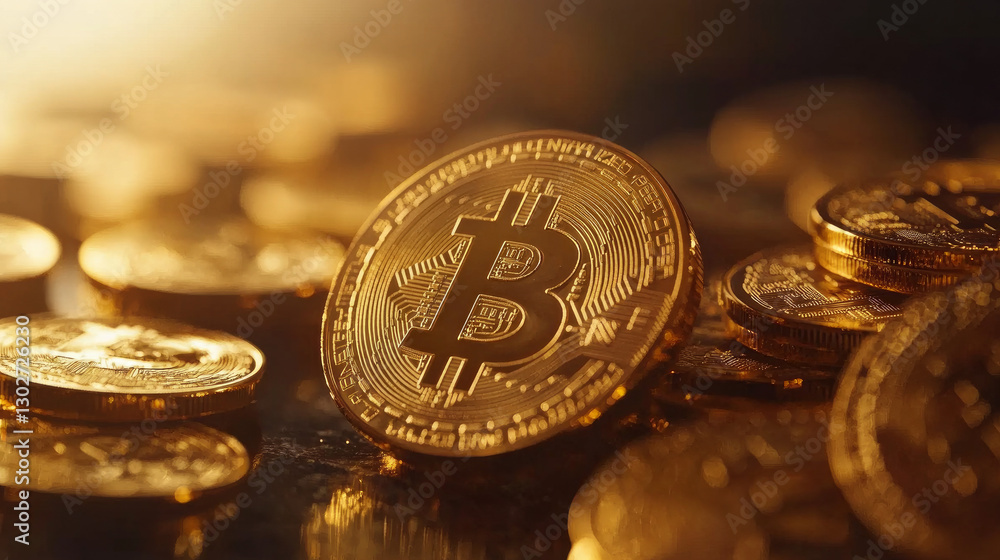 Close-up of bitcoin gold coins with wallet. concept of virtual cryptocurrency.
