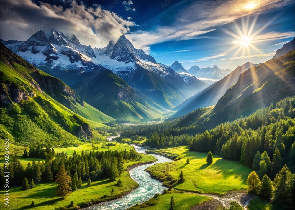 Obraz premium Panoramic Valley Landscape: Majestic Mountains & Bright Sky Stock Photo