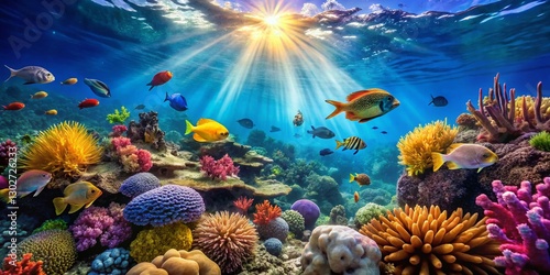 Wallpaper Mural Panoramic Underwater Tropical Sea Dive: Vibrant Coral Reef & Colorful Fish Torontodigital.ca