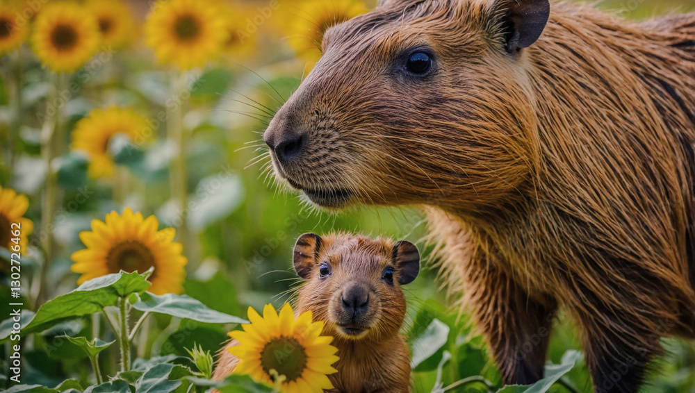 Baby capybara with its mother in a sunflower field. Baby capybara with its mother in a sunflower field.