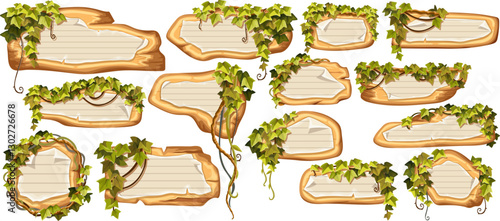 Wooden brown boards with school page in line, ragged graph paper. Set 3d vector blank invitations, maps decorated stems hedera helix, ivy, liana, grapes, vine,  jungle plants.
