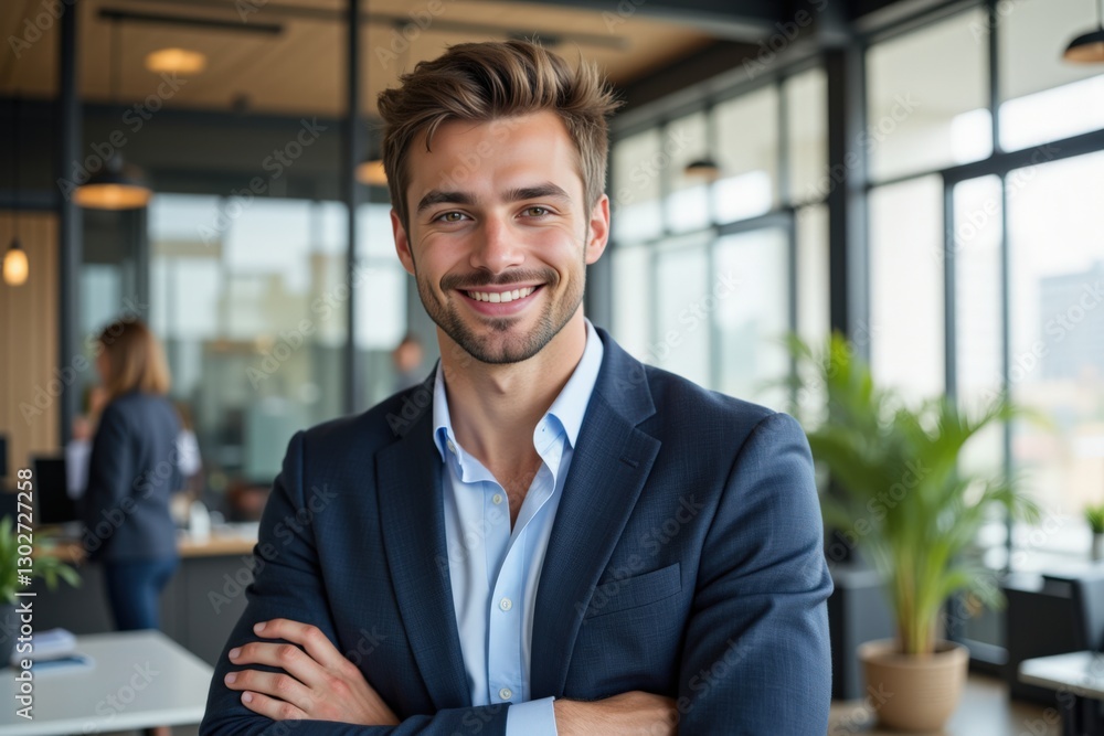 Smiling Young Adult Male Professional in a Modern Office Setting with Natural Light and Greenery, Exuding Confidence and Approachability Smiling Young Adult Male Professional in a Modern Office Setting with Natural Light and Greenery, Exuding Confidence and Approachability