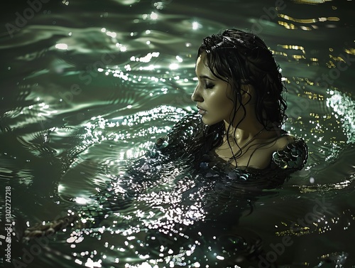 woman emerging from the water, her body adorned with shimmering fish scales. The scales reflect the moonlight, creating a mystical ambiance. Her wet hair and the ripples in the water add to the enchan