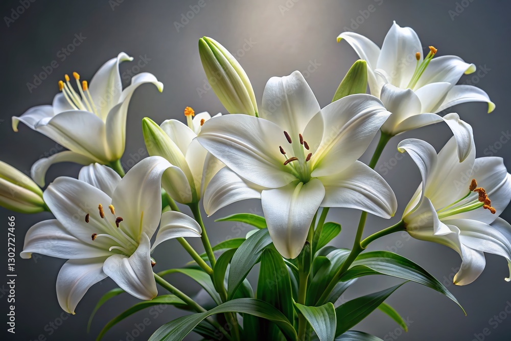 Panoramic View of Elegant White Lilies Against a Grey Background - High-Resolution Stock Photo Panoramic View of Elegant White Lilies Against a Grey Background - High-Resolution Stock Photo