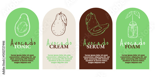 Avocado emblem template set. Natural cosmetics ingredient. Hand drawn ink sketch plant from package design. Ecology concept in beauty industry. Vector illustration.