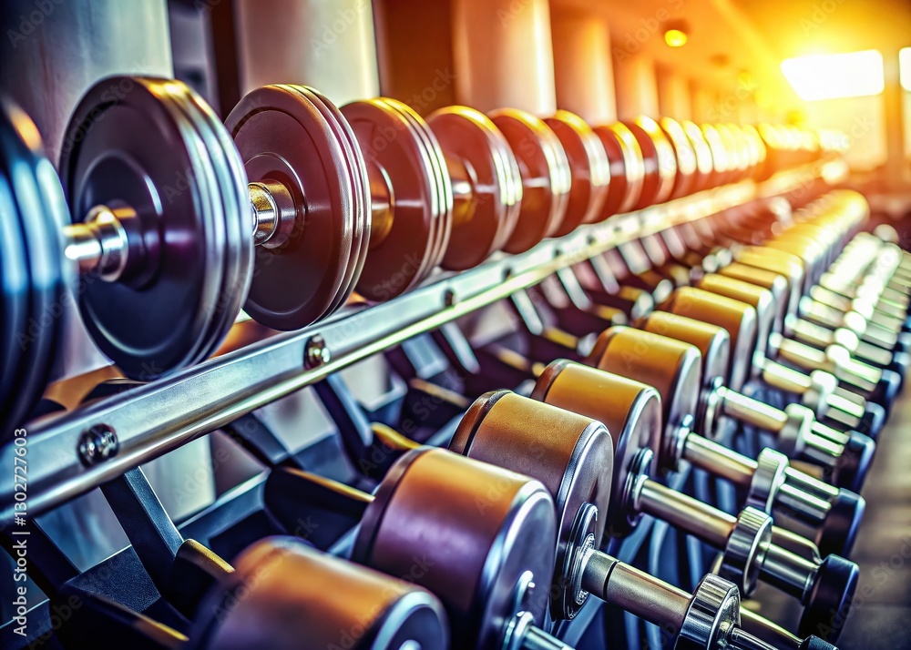 Panoramic View of Heavy Dumbbells in Modern Gym Panoramic View of Heavy Dumbbells in Modern Gym