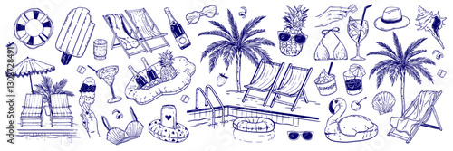 Pool party doodle set, vector hand drawn summer weekend line illustration exotic lounge leisure icon. Holiday paradise beach collection, cocktail glass, palm tree, flamingo rubber ring. Pool party kit