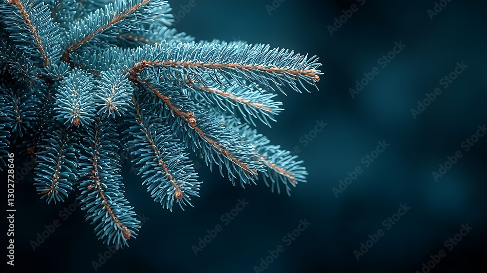 Blue spruce branch, winter forest background, nature detail, holiday card