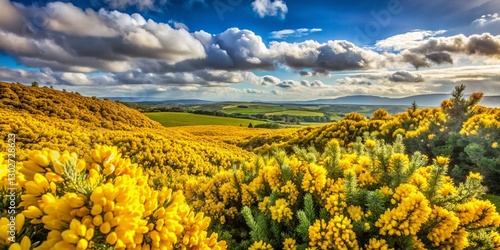 Panoramic View of Vibrant Yellow Irish Gorse Flowers Blooming in Spring Sunlight