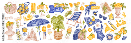 Italian summer sticker set, vector watercolor Sicilian vacation illustration, Amalfi lemon pint kit. Beach lounger, mediterranean weekend picnic, wine glass, swimming suit bikini. Italian summer