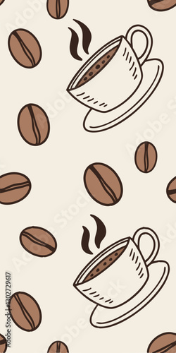 A seamless Scandinavian coffee pattern with hand-drawn coffee beans, minimalist mugs, and warm brown, beige, and cream tones, evoking cozy café vibes