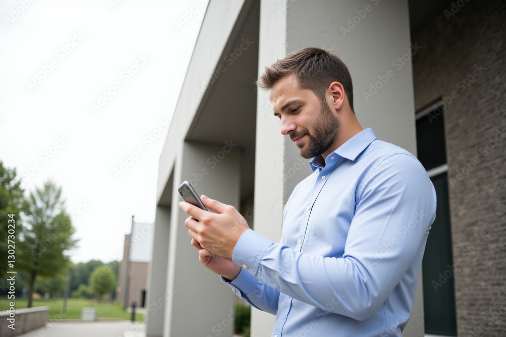Young Caucasian Man in Professional Attire Interacting with Mobile Phone Outside of Modern Building on a Sunny Day Young Caucasian Man in Professional Attire Interacting with Mobile Phone Outside of Modern Building on a Sunny Day