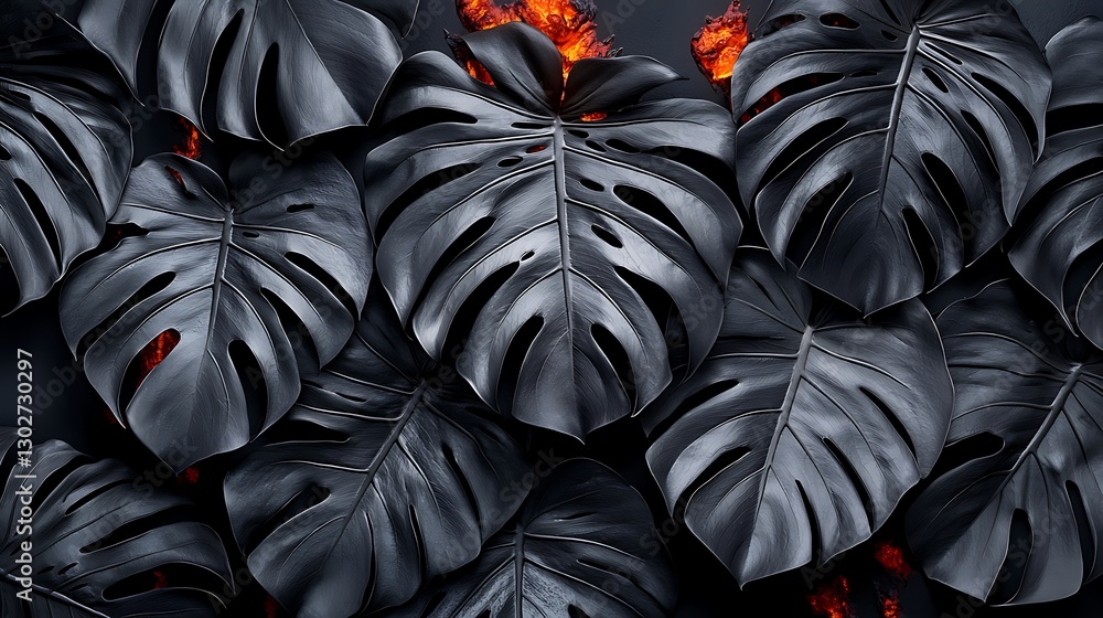 Obraz premium Dark tropical leaves, fiery background, nature texture, design element