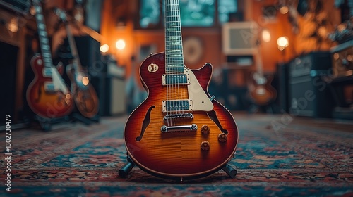 Sunburst electric guitar on stand in music shop.